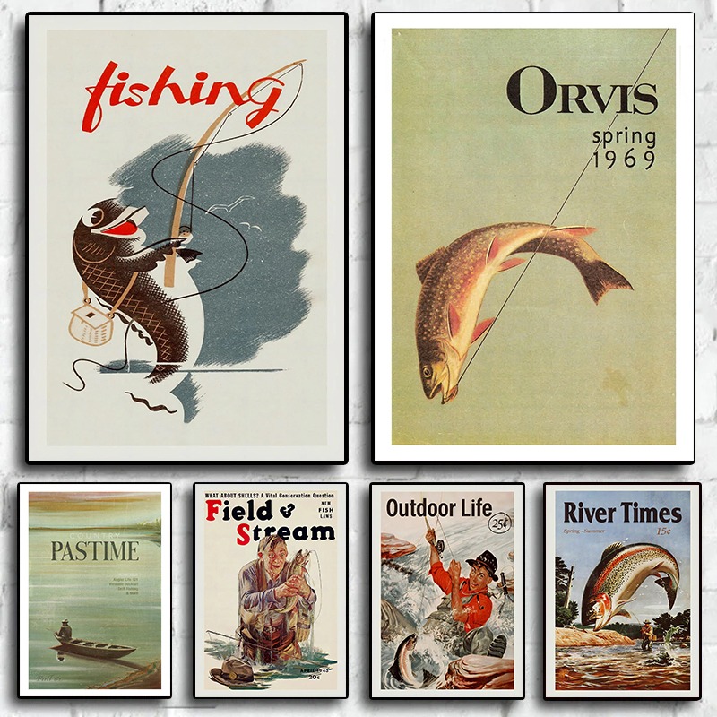 Outdoor Hunting Paintings - Vintage Fliegenfischen Leinwanddruck Retro Reise Poster